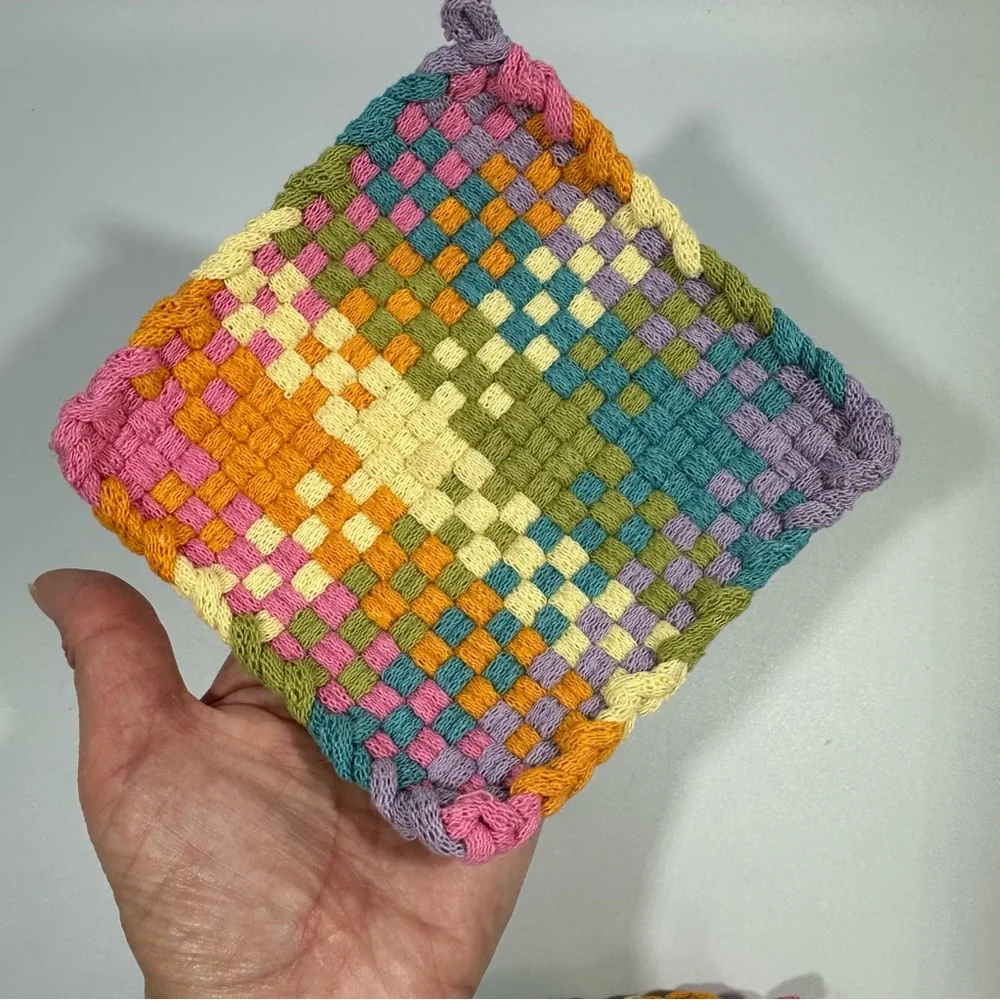 3 Hand Loomed Loop Loom Braided Potholders Coforful Multicolor Kitchen